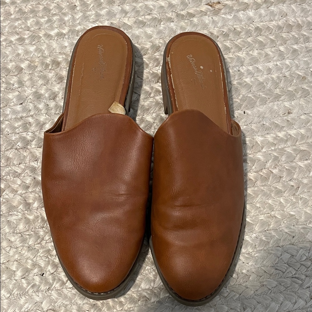 Brown Faux Leather Slip-On Mules